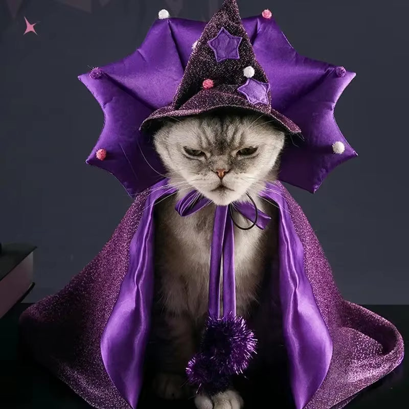 Cat Halloween Costume Comfortable Cat Wizard Outfit Witch Dog Costume Cat Cloak Witch Hat Halloween Dog Cloth for S/M Cats Dogs