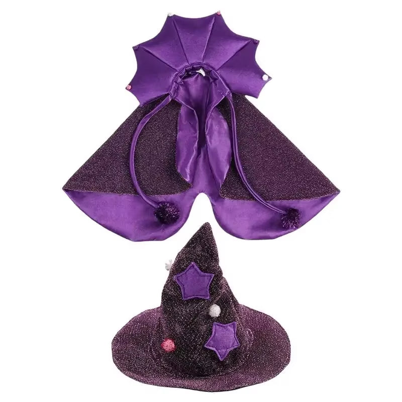 Cat Halloween Costume Comfortable Cat Wizard Outfit Witch Dog Costume Cat Cloak Witch Hat Halloween Dog Cloth for S/M Cats Dogs